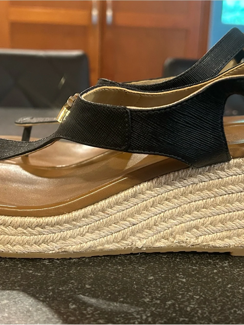 Michael Kors Black and Brown MK Espadrille Wedge Sandals